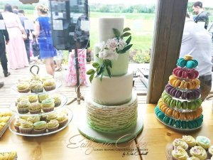 Mint sweet table wedding cake French macarons cupcakes